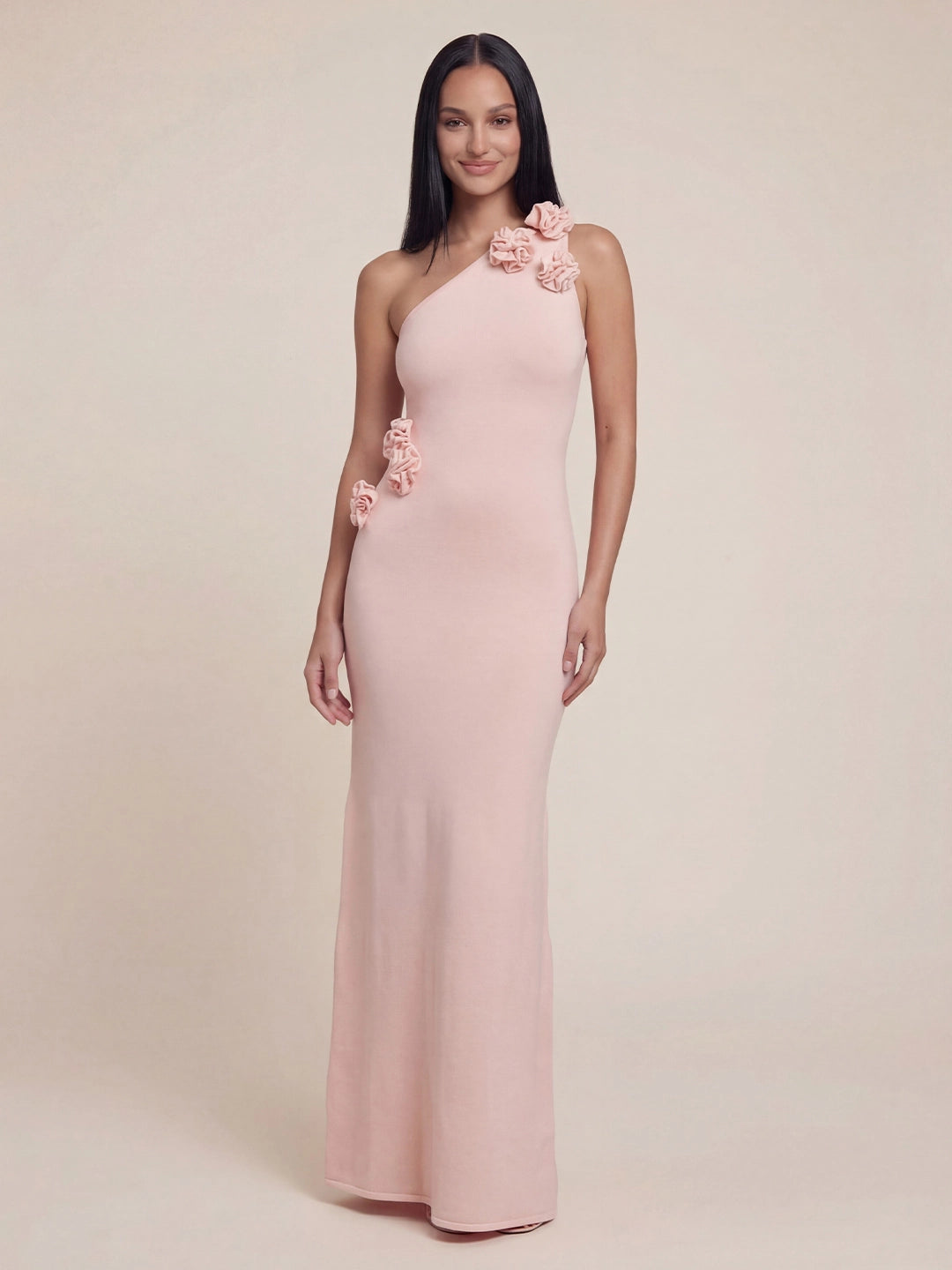 Valentine's Day Exclusive - One Shoulder 3D Flower Applique Knit Maxi Dress