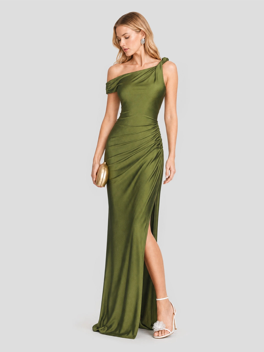 One Shoulder Asymmetric Ruched Satin Maxi Dress