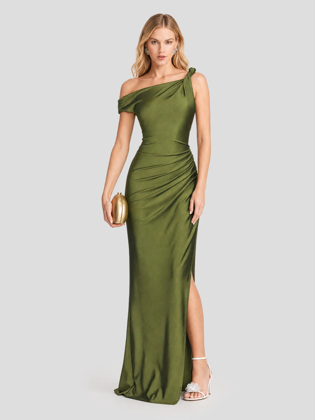 One Shoulder Asymmetric Ruched Satin Maxi Dress