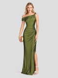 One Shoulder Asymmetric Ruched Satin Maxi Dress