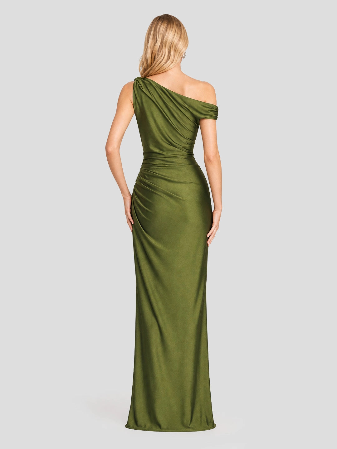 One Shoulder Asymmetric Ruched Satin Maxi Dress