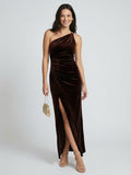 One Shoulder Draped Velvet Gown With Chain Accent