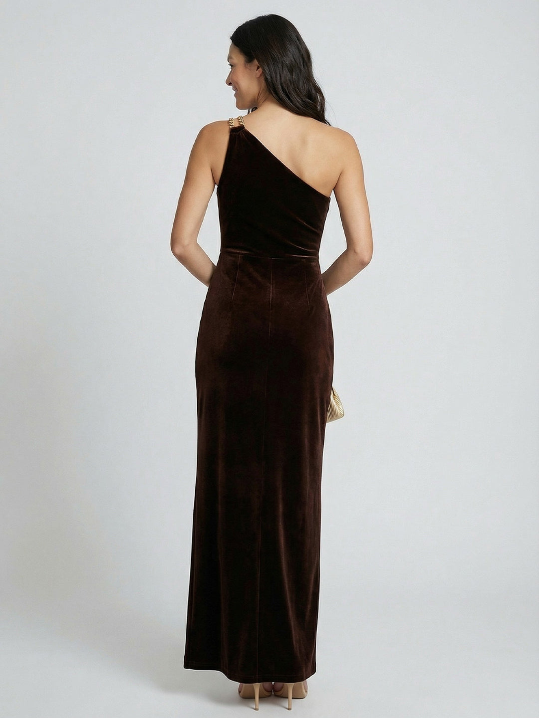 One Shoulder Draped Velvet Gown With Chain Accent
