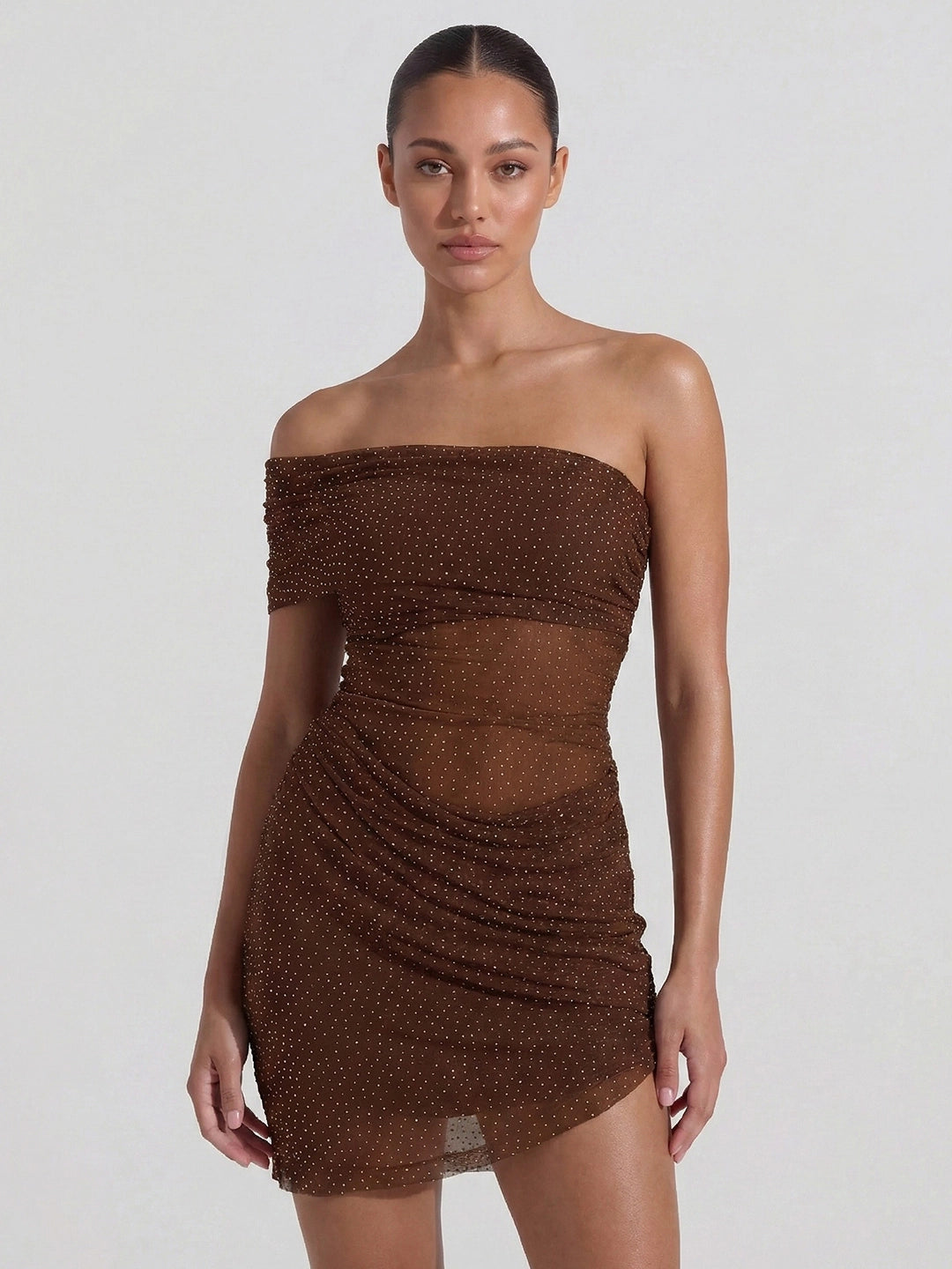 One Shoulder Shimmer Mesh Mini Dress
