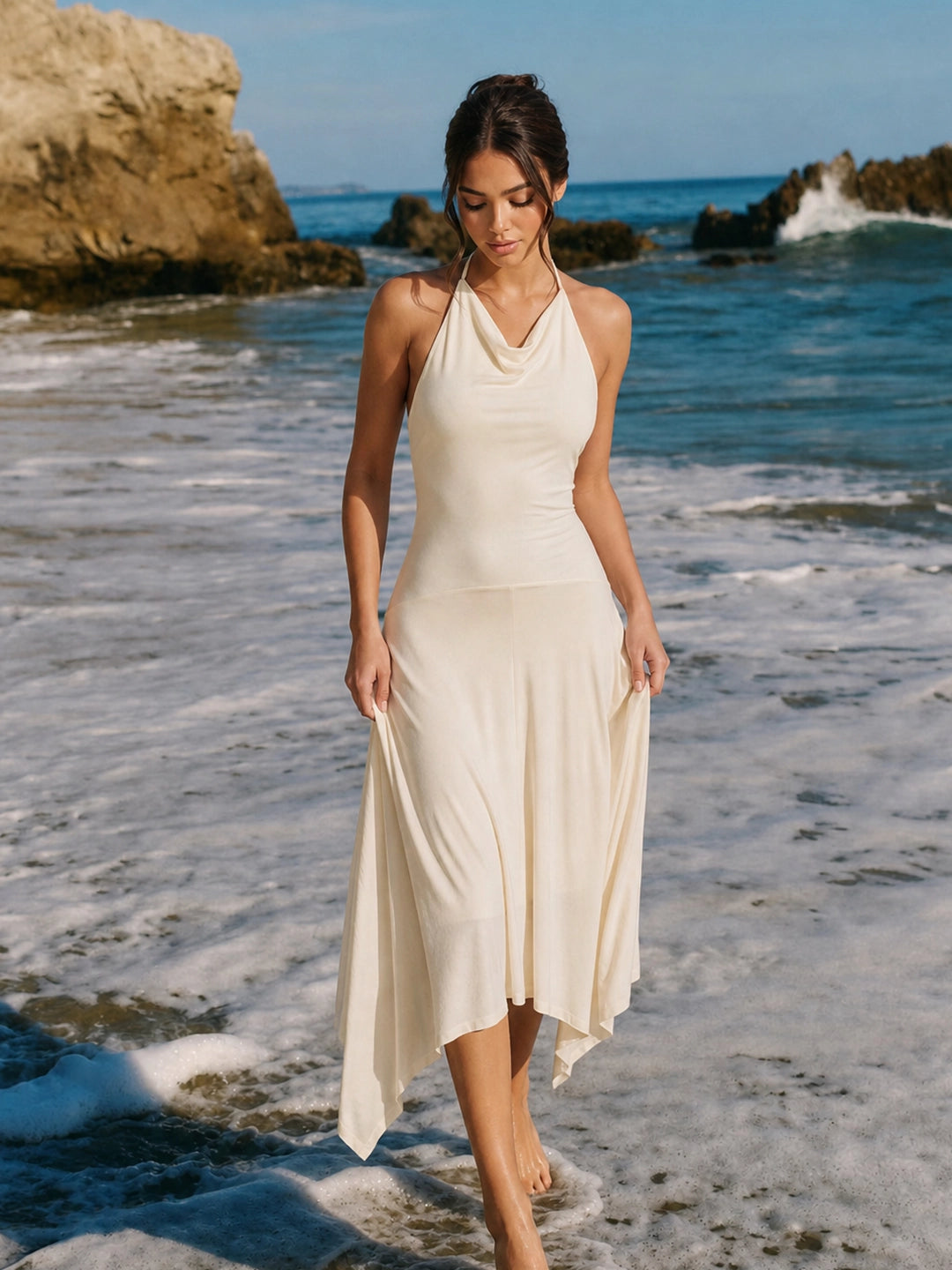 Open Back Halter Midi with Delicate Knot Detail