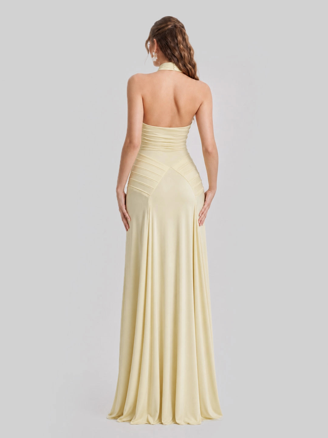 Open Back Pleated Halter Maxi Gown