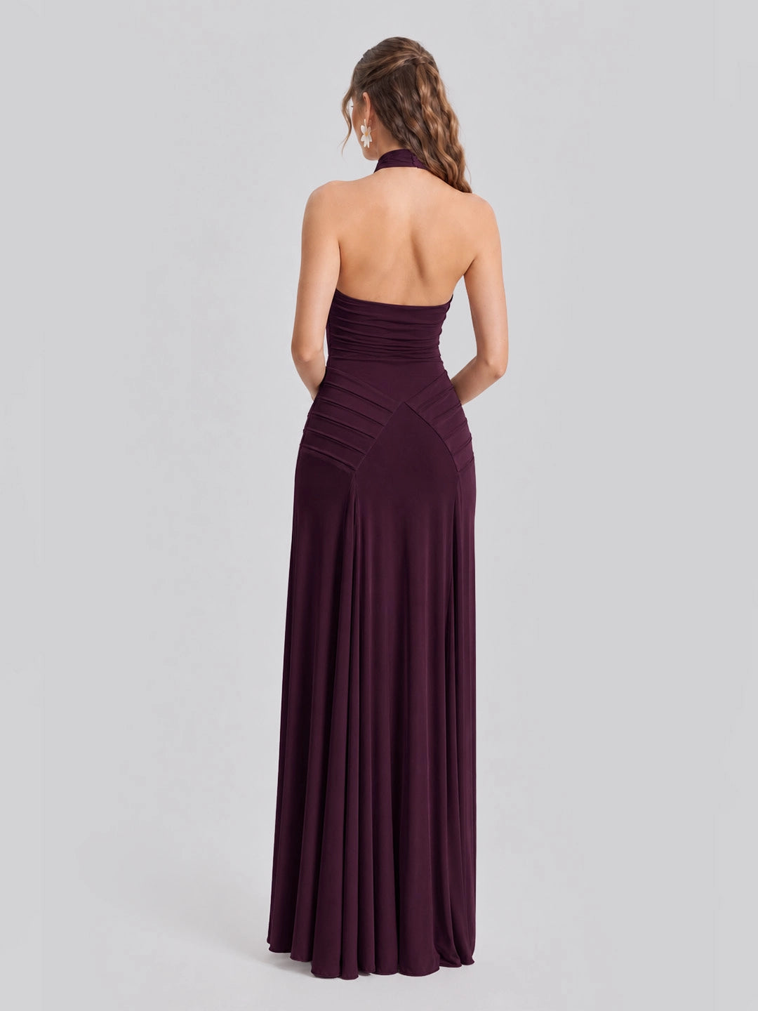 Open Back Pleated Halter Maxi Gown