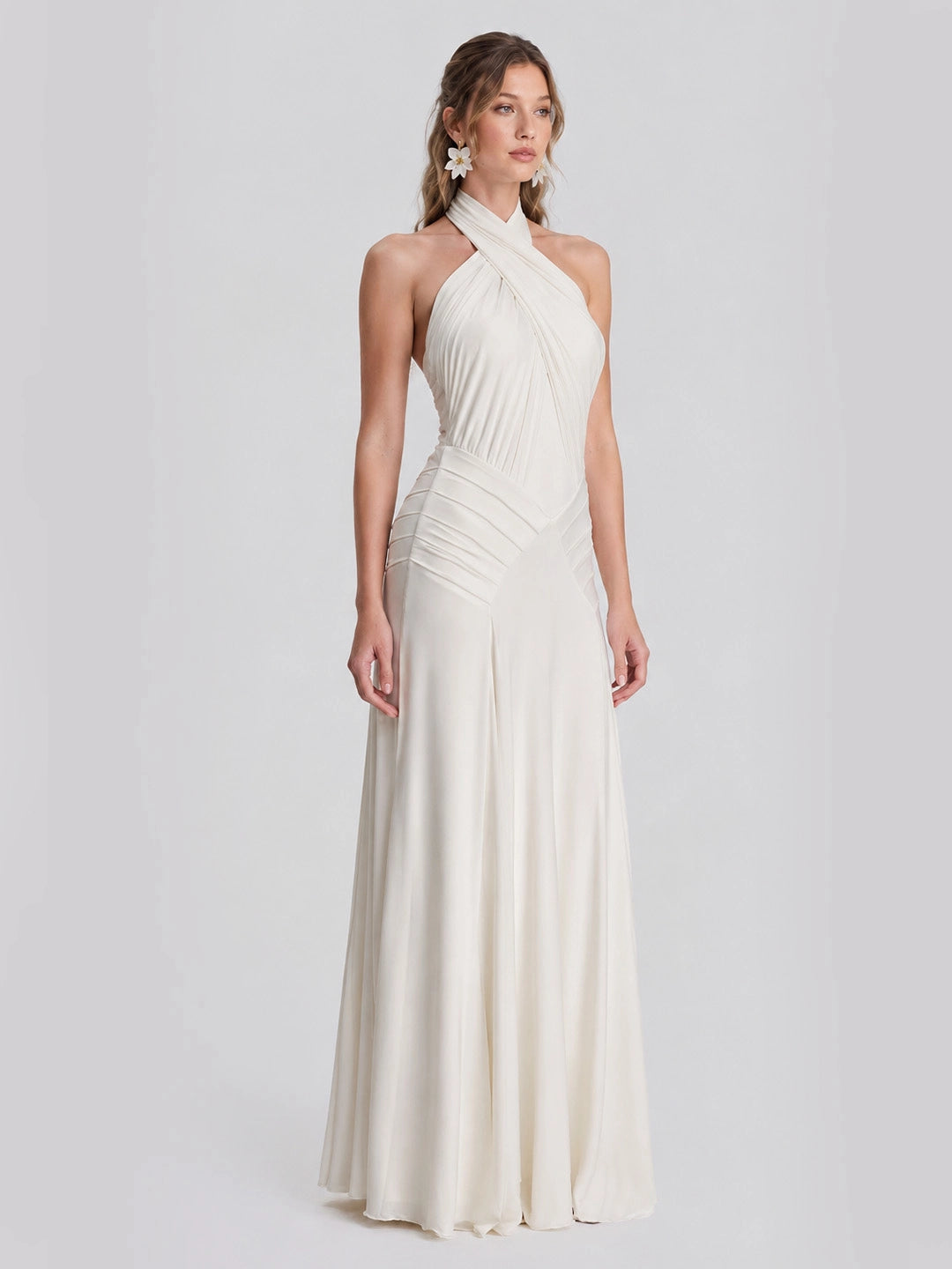 Open Back Pleated Halter Maxi Gown