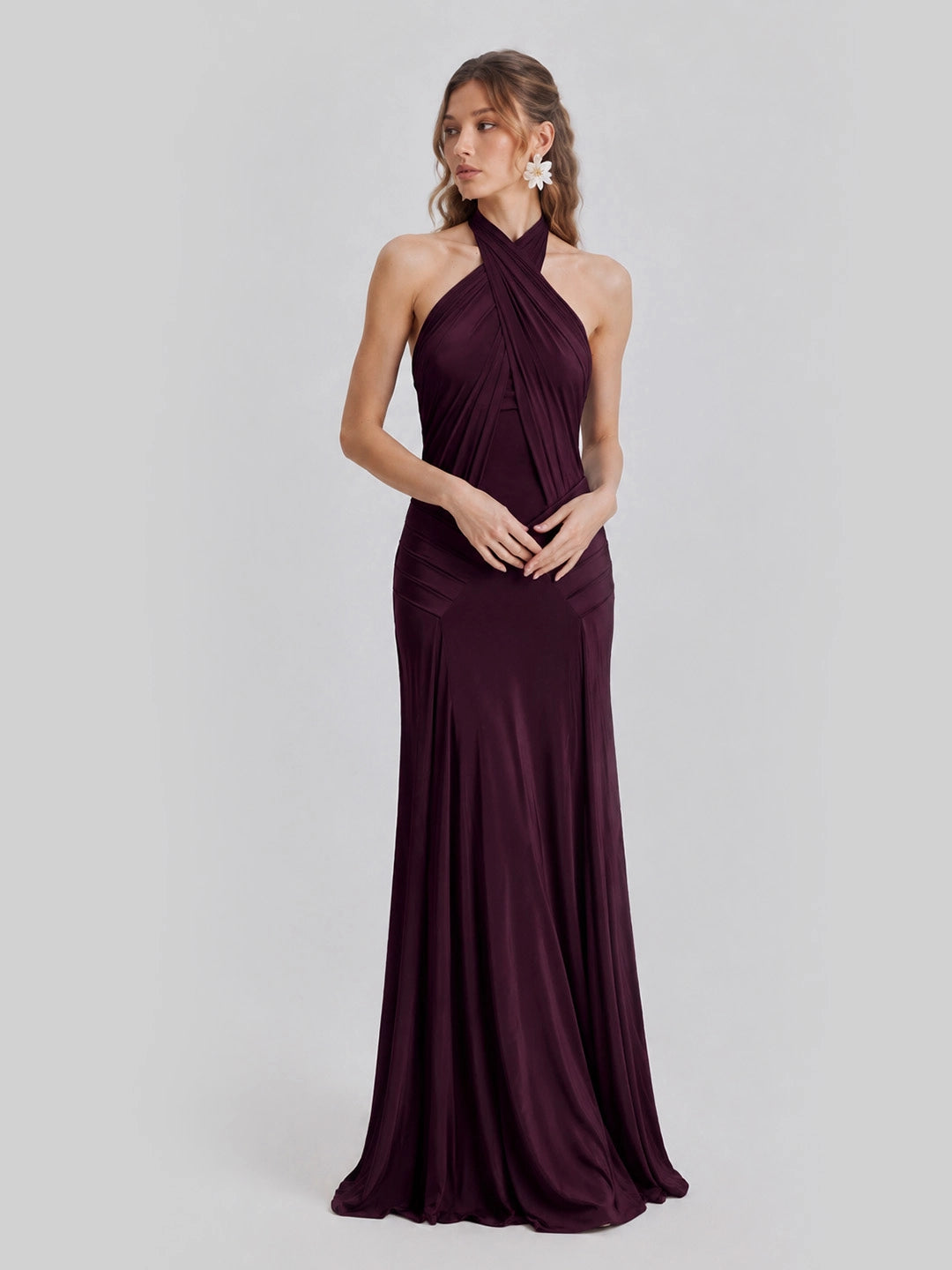Open Back Pleated Halter Maxi Gown