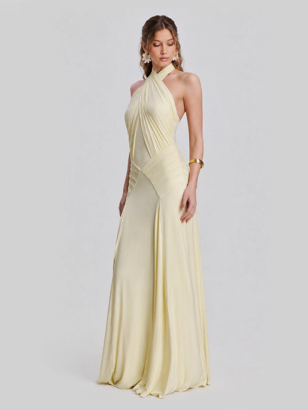 Open Back Pleated Halter Maxi Gown