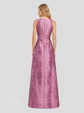 Opulent Jacquard Sash-Waist Gown