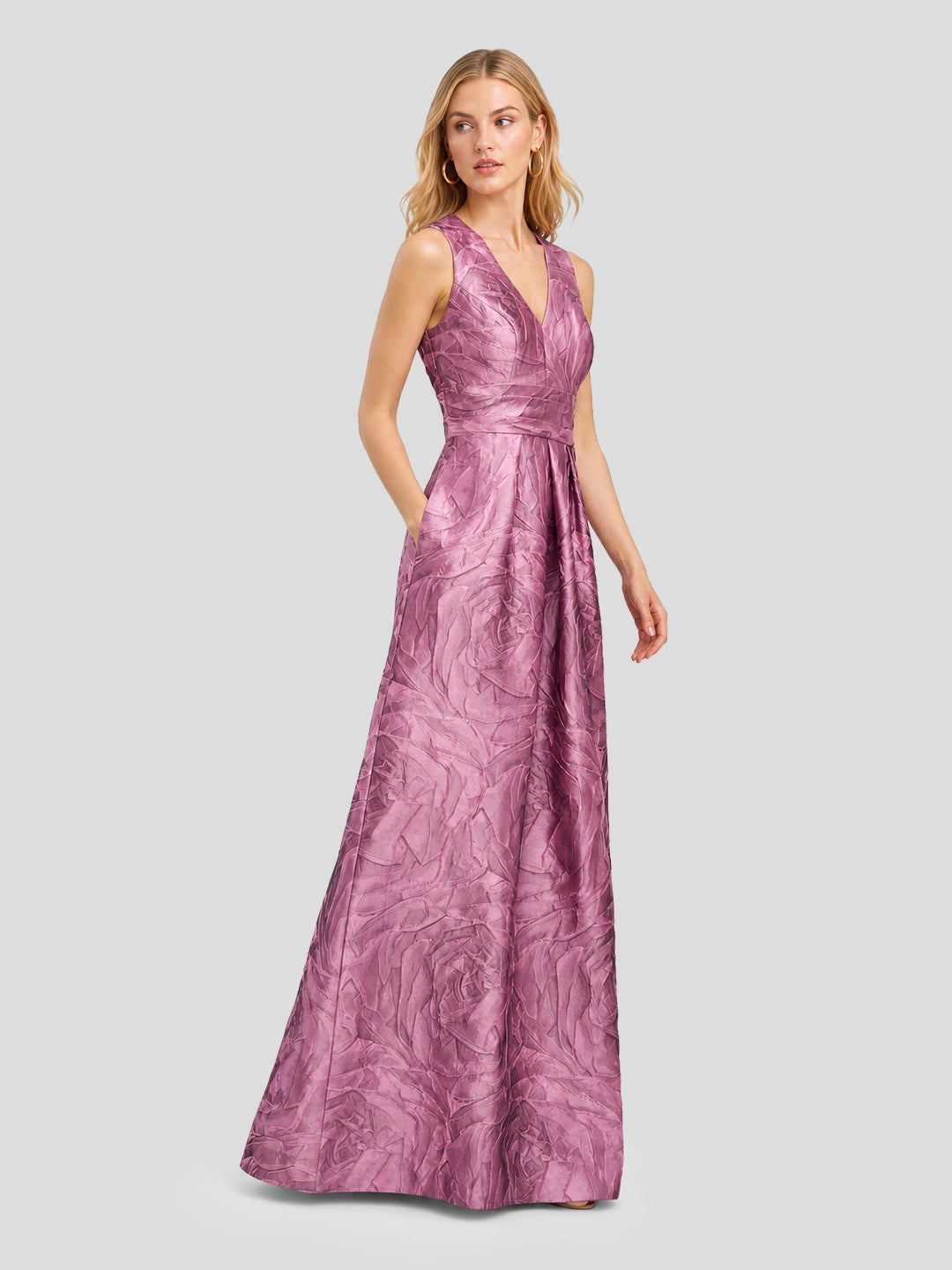Opulent Jacquard Sash-Waist Gown