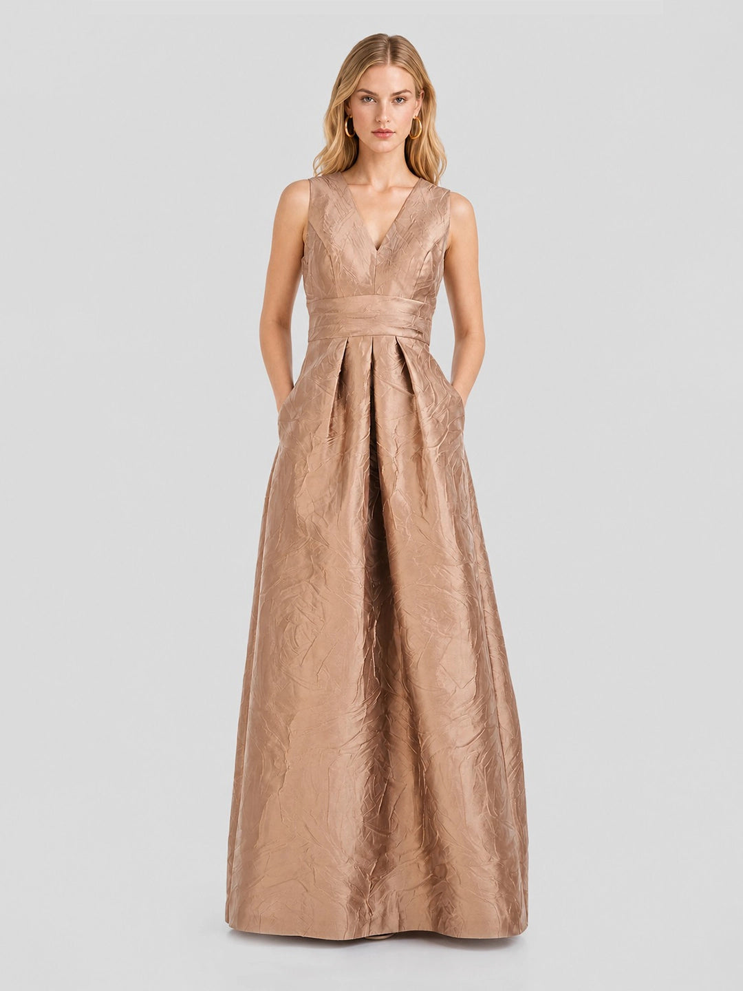 Opulent Jacquard Sash-Waist Gown