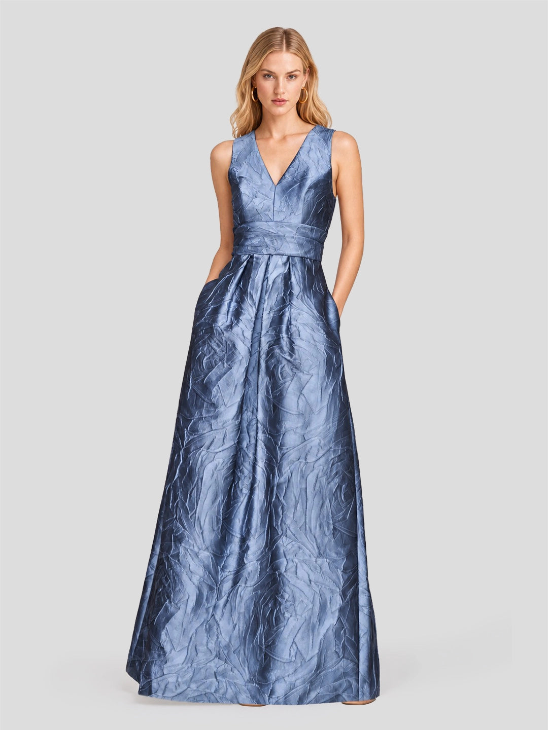 Opulent Jacquard Sash-Waist Gown
