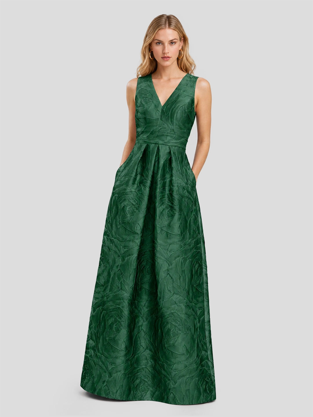 Opulent Jacquard Sash-Waist Gown