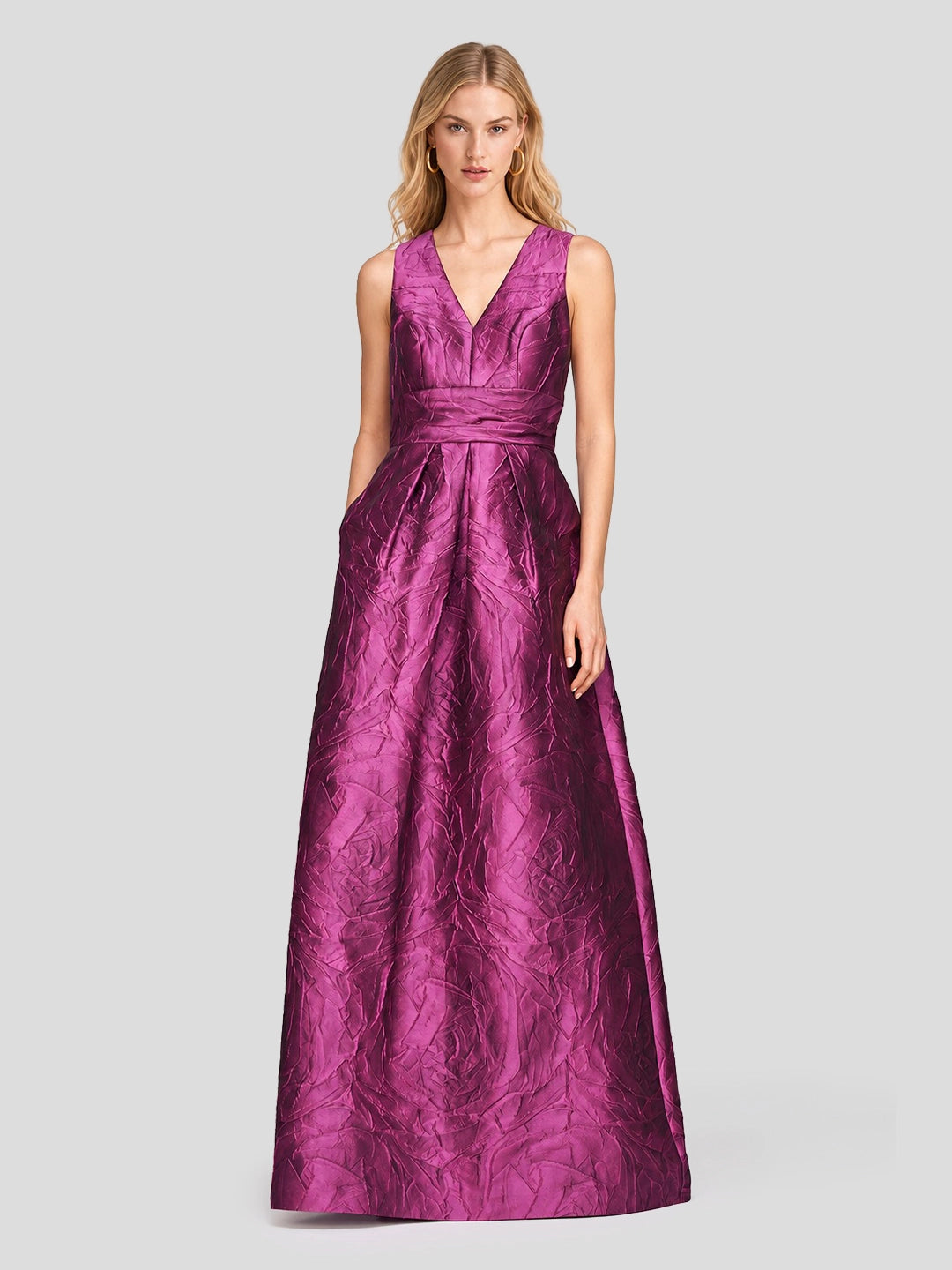 Opulent Jacquard Sash-Waist Gown