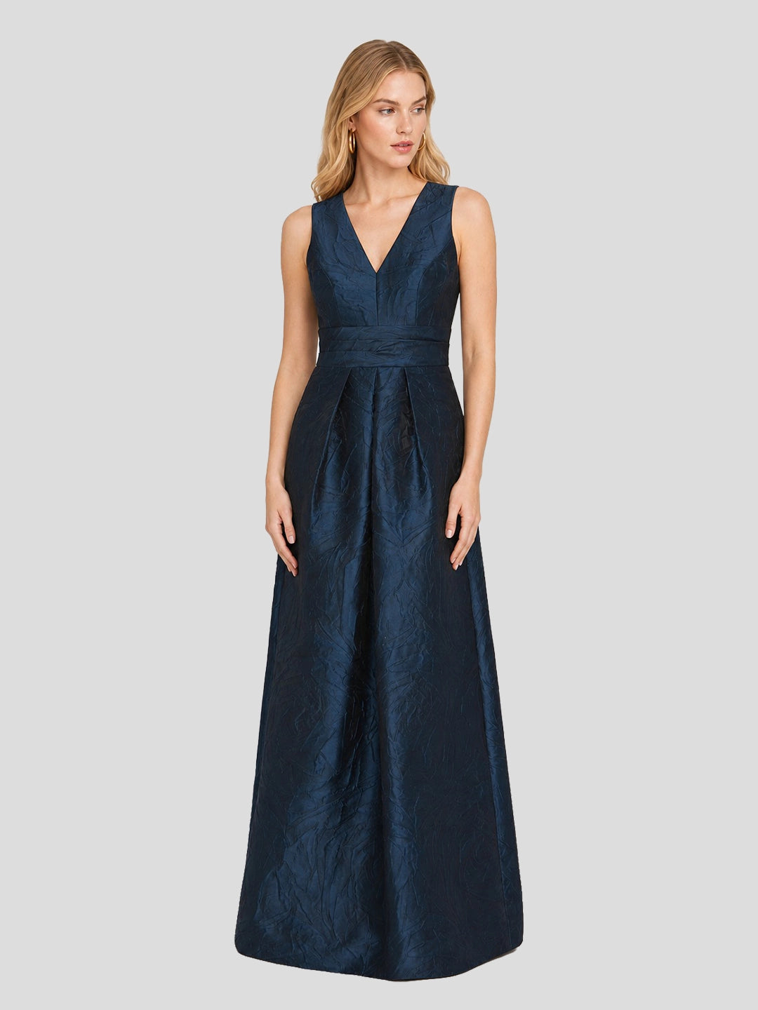 Opulent Jacquard Sash-Waist Gown