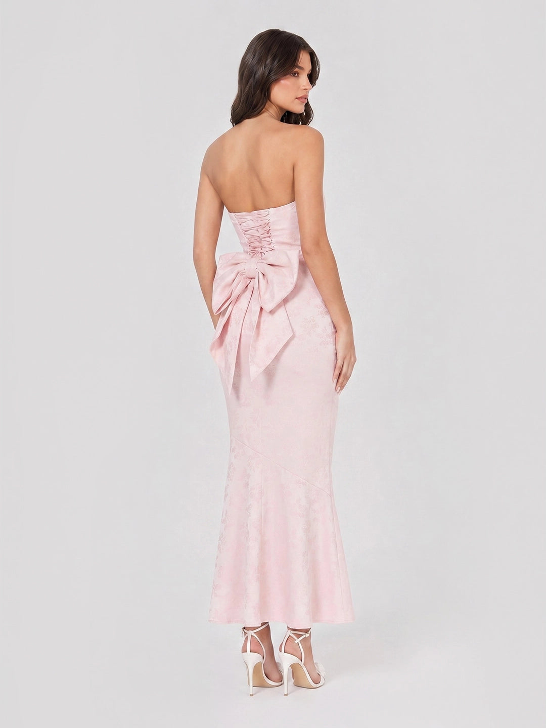 Oversized Bow Back Strapless Jacquard Maxi Dress