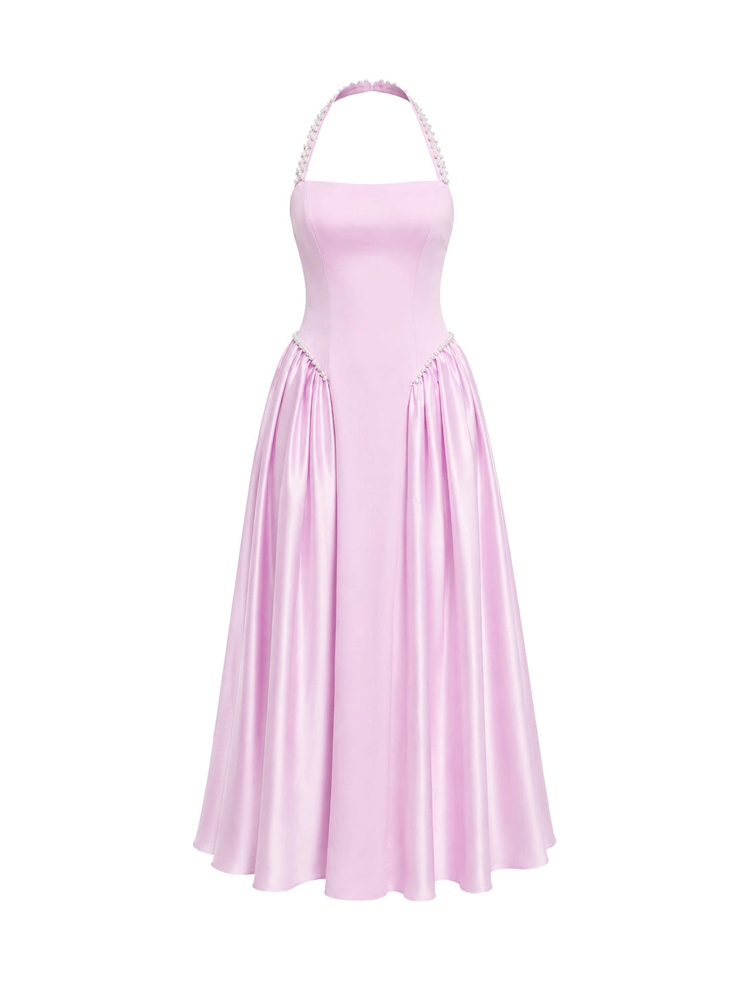 Pearl Straps Satin Halter Maxi Dress