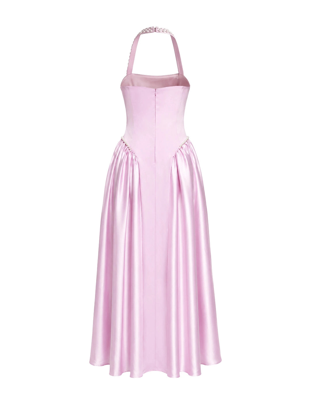 Pearl Straps Satin Halter Maxi Dress