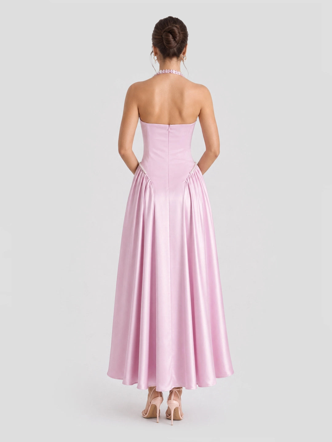 Pearl Straps Satin Halter Maxi Dress