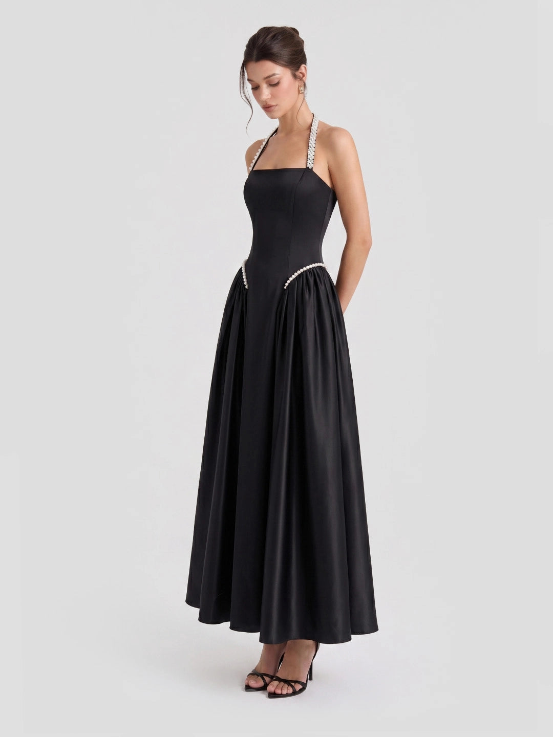 Pearl Straps Satin Halter Maxi Dress