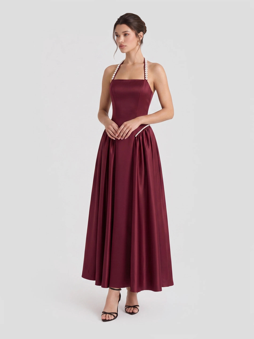 Pearl Straps Satin Halter Maxi Dress