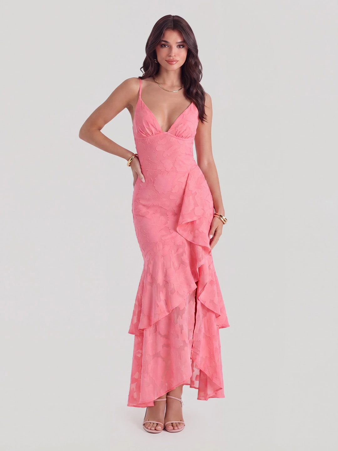 Floral Jacquard Plunge Maxi Dress