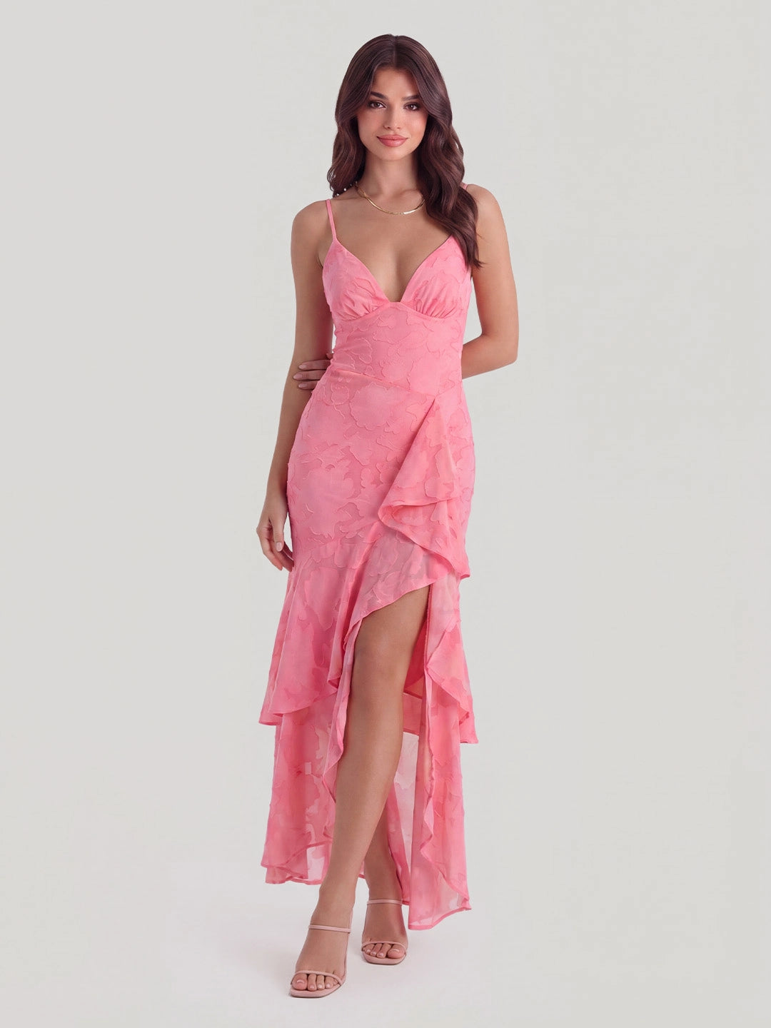 Floral Jacquard Plunge Maxi Dress