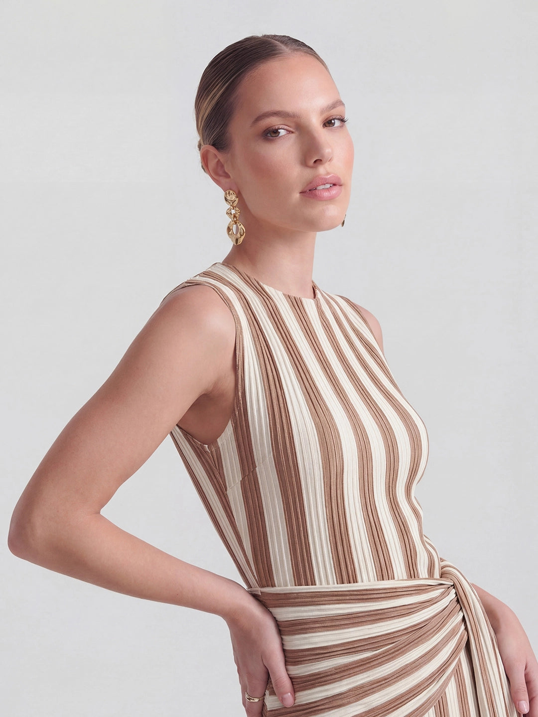 Pinstripe Ribbed Twisted-Knot A-Line Dress