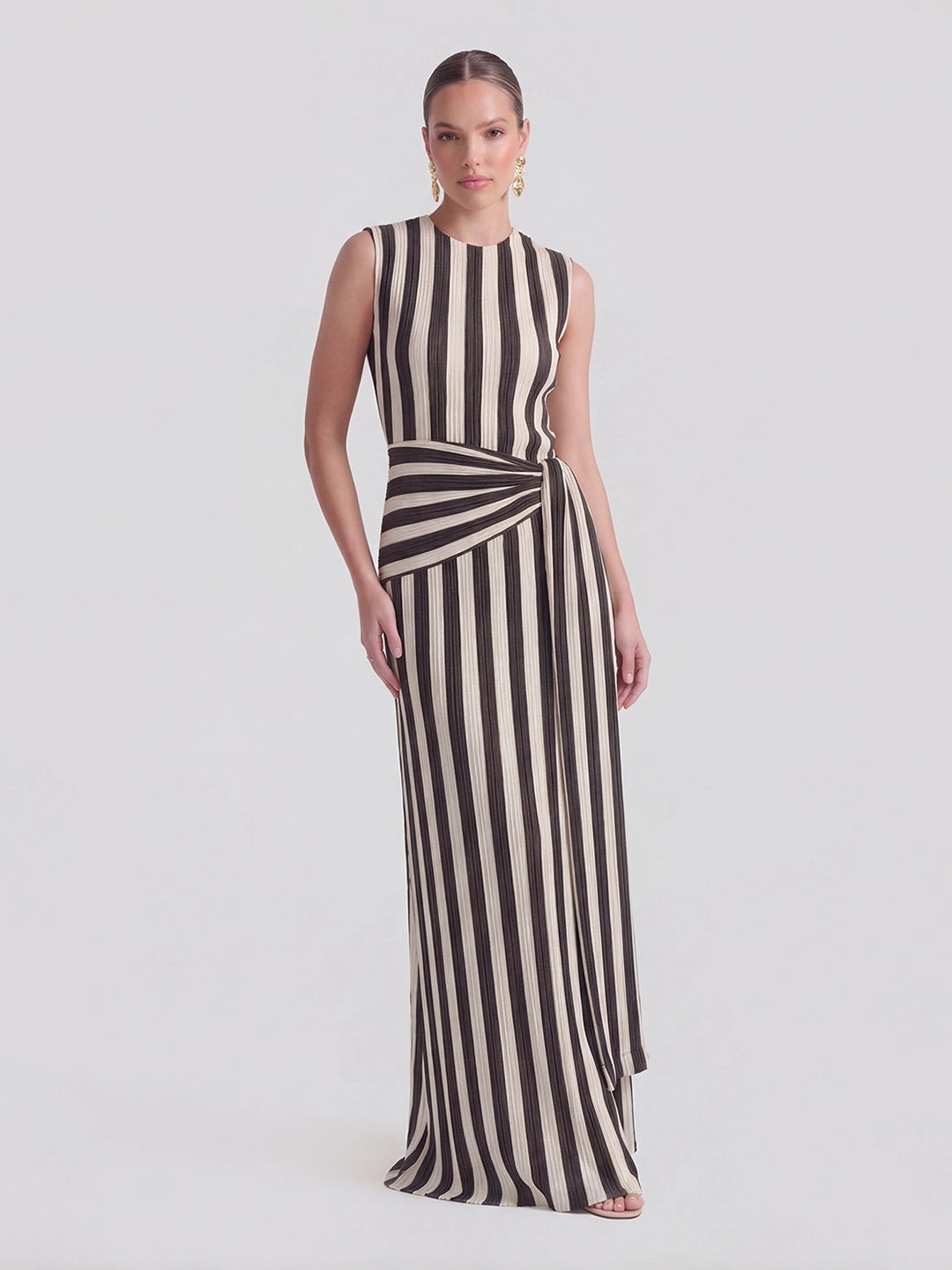 Pinstripe Ribbed Twisted-Knot A-Line Dress