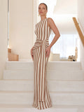 Pinstripe Ribbed Twisted-Knot A-Line Dress
