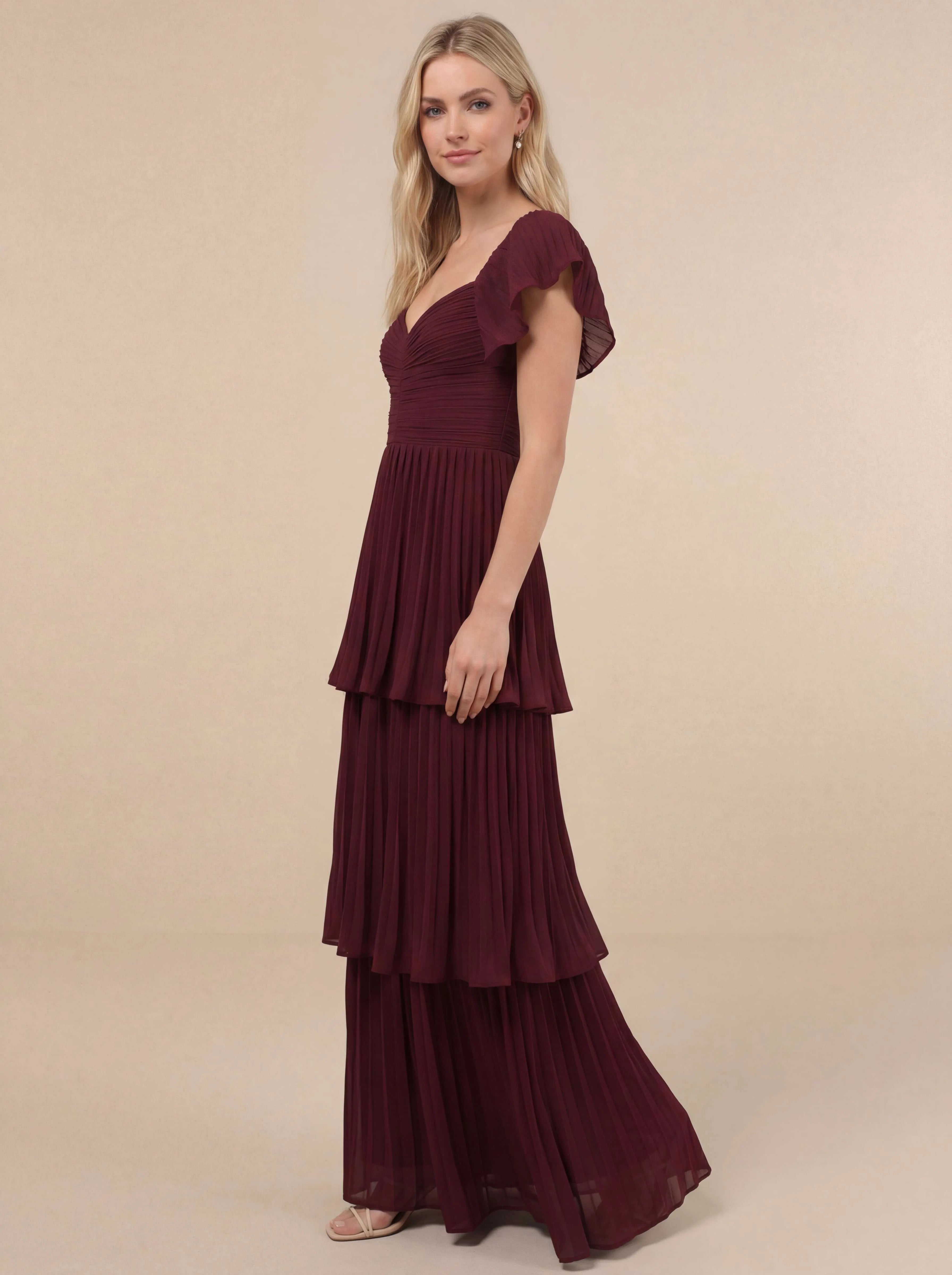 Pleated Flutter Sleeve Maxi Dress