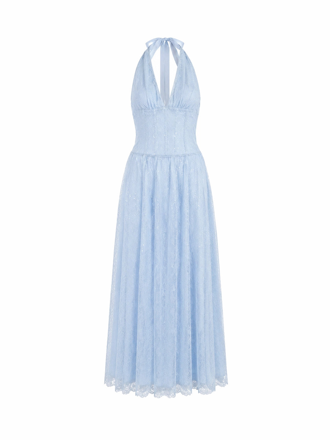 Plunge Halter Lace Maxi Dress