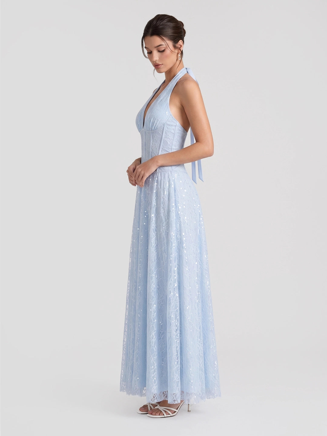 Plunge Halter Lace Maxi Dress