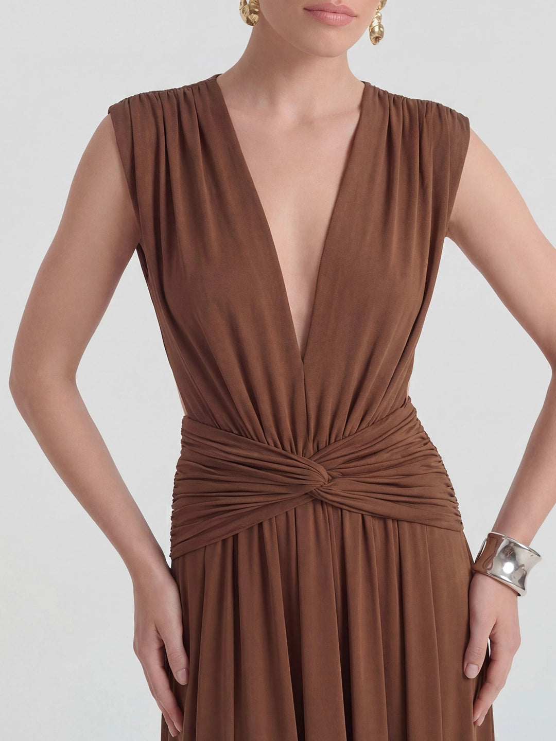 Plunge Ripple Draped Gown