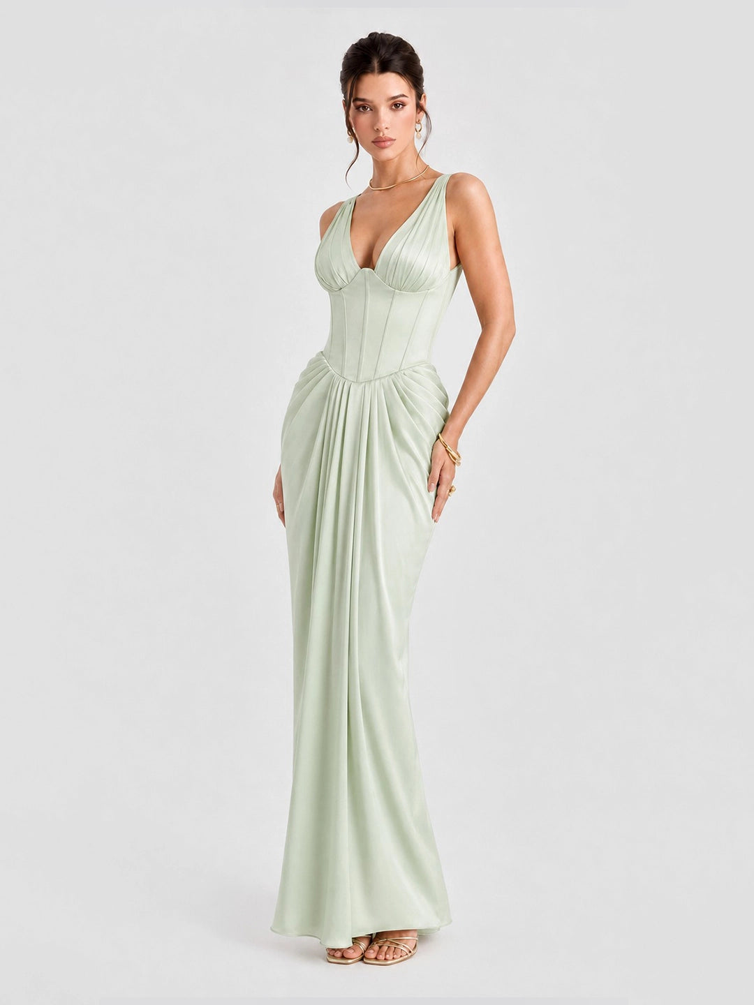 Plunging V-Neck Satin Column Maxi Gown