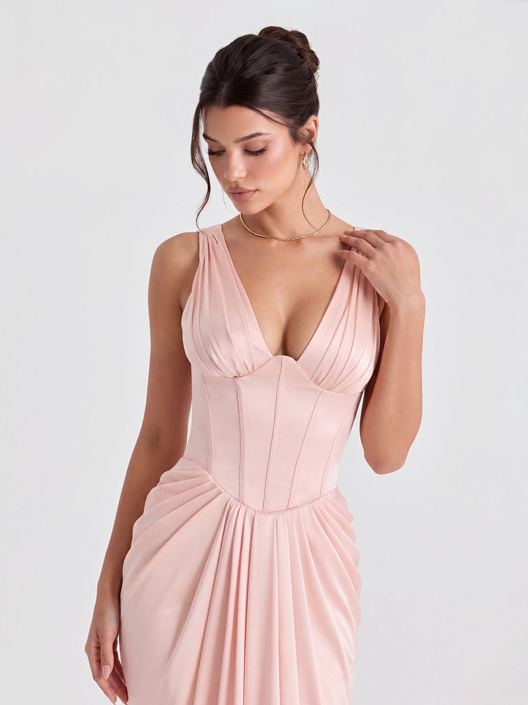 Plunging V-Neck Satin Column Maxi Gown