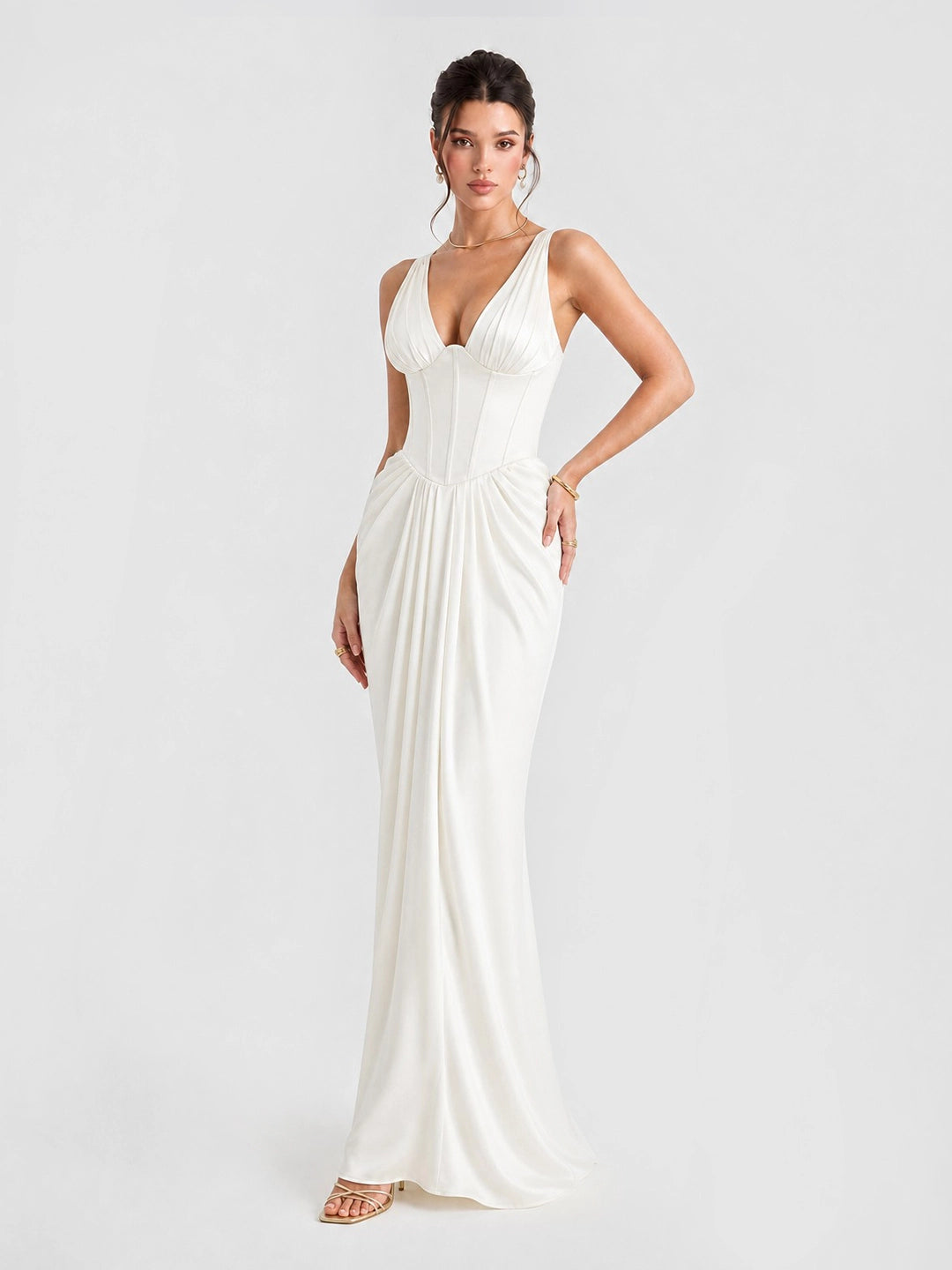 Plunging V-Neck Satin Column Maxi Gown