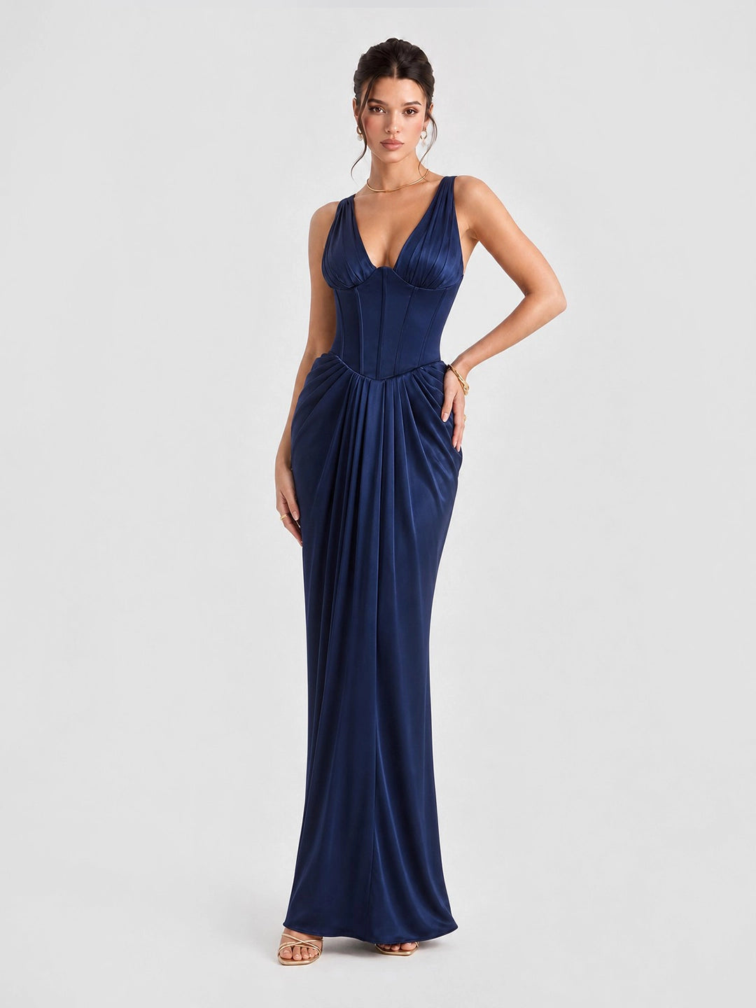 Plunging V-Neck Satin Column Maxi Gown