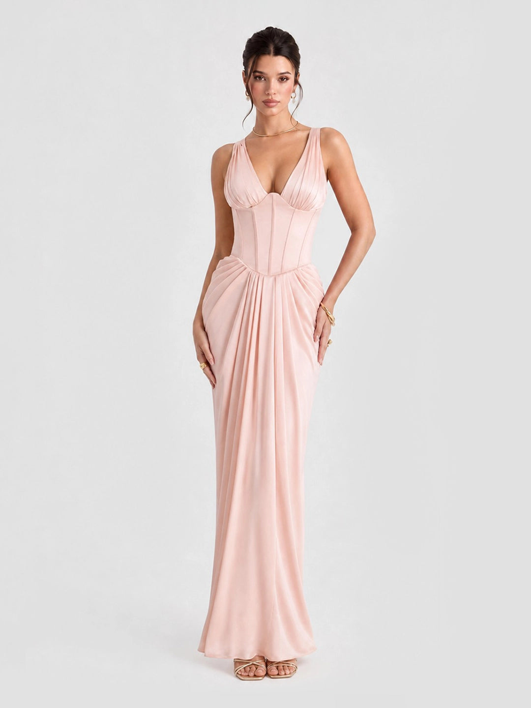 Plunging V-Neck Satin Column Maxi Gown