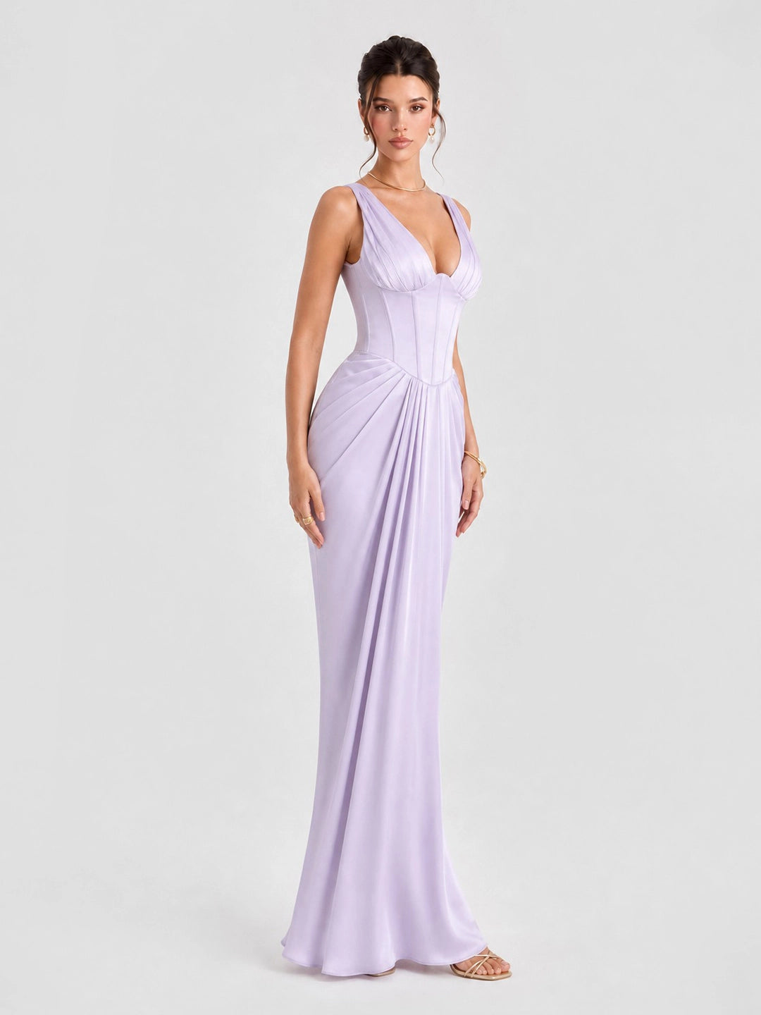 Plunging V-Neck Satin Column Maxi Gown