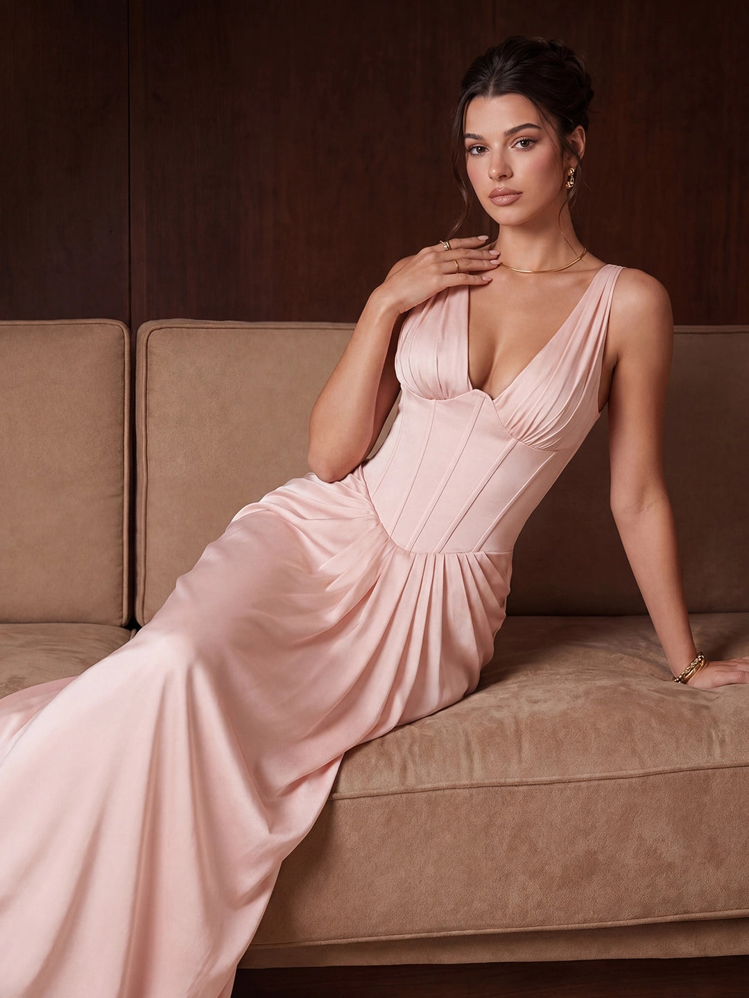 Plunging V-Neck Satin Column Maxi Gown