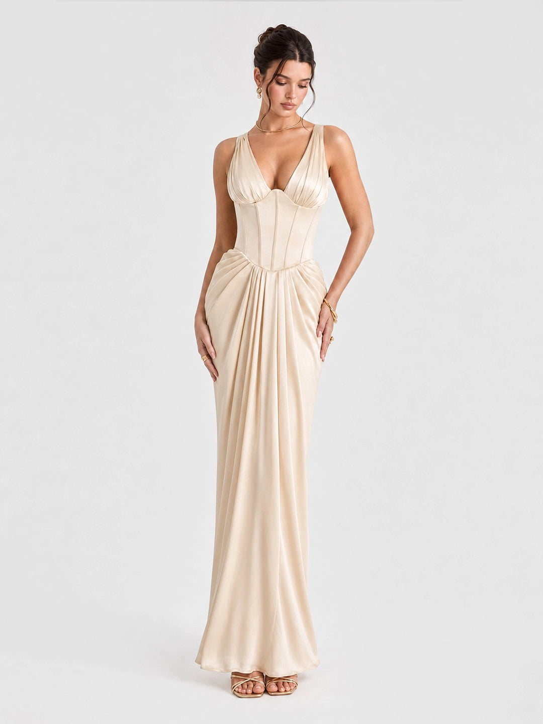 Plunging V-Neck Satin Column Maxi Gown