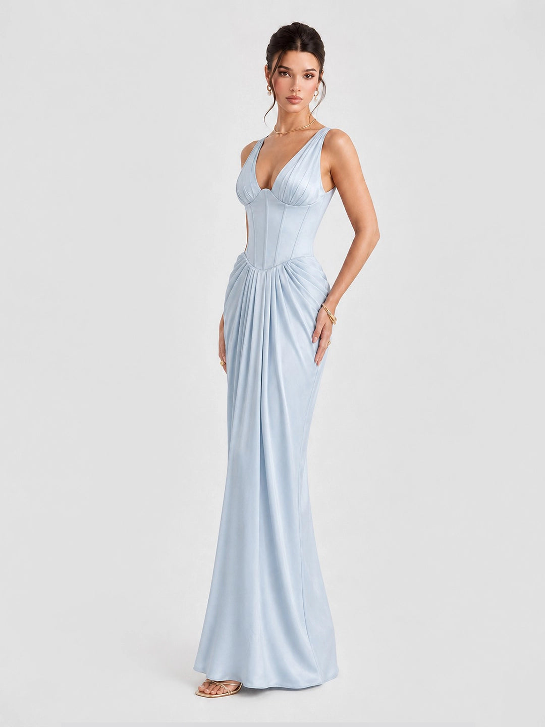 Plunging V-Neck Satin Column Maxi Gown
