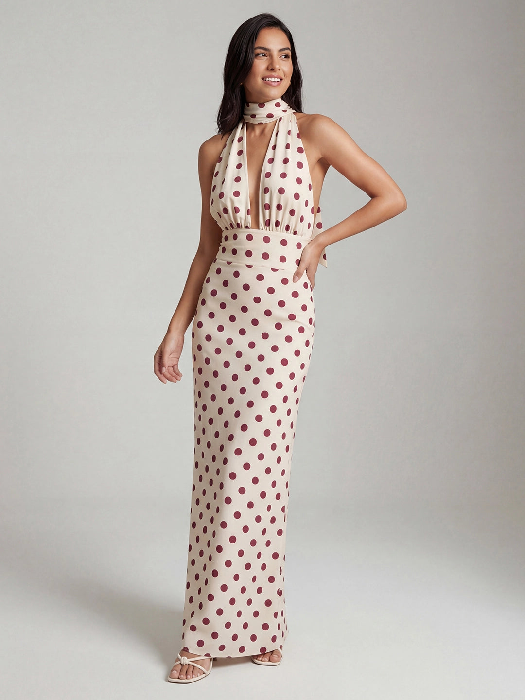 Polka Dot Halter Chiffon Maxi Dress