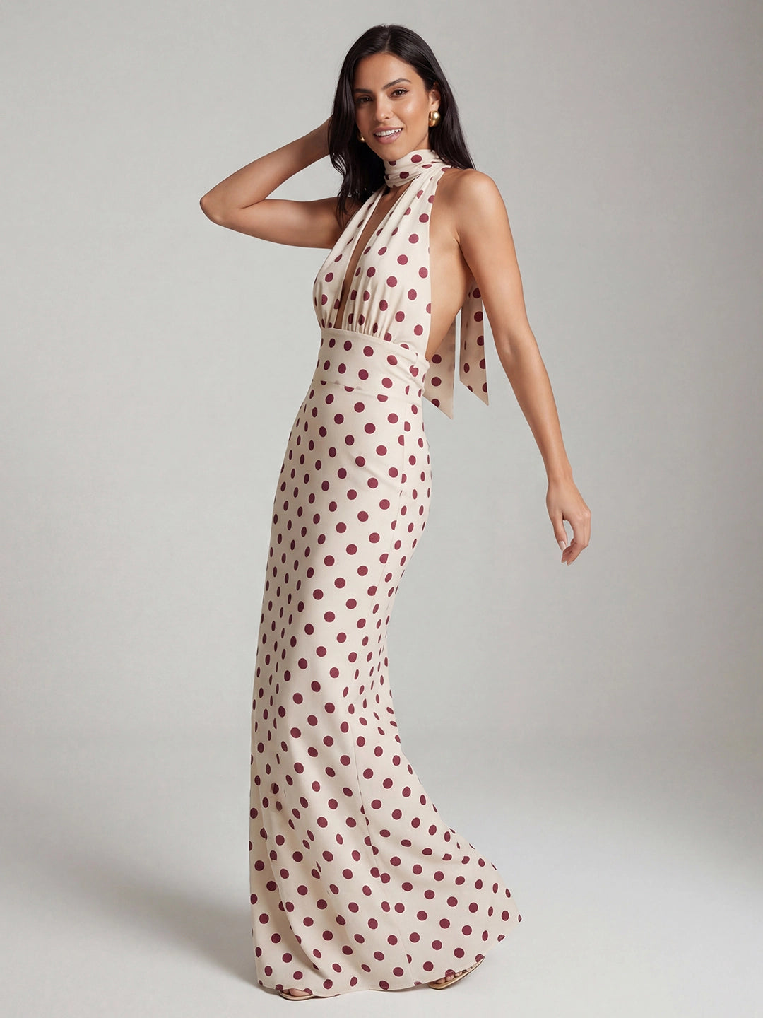 Polka Dot Halter Chiffon Maxi Dress