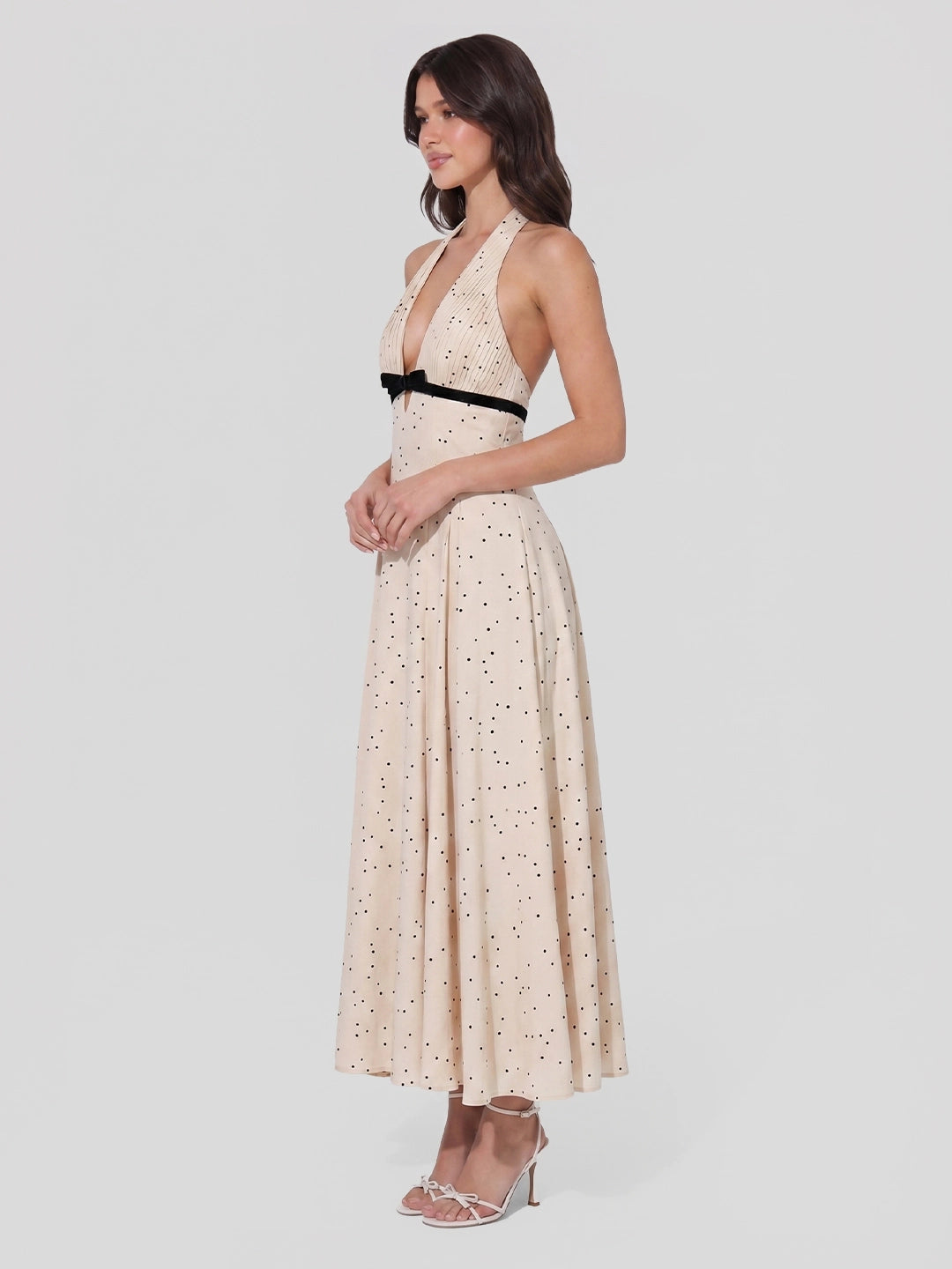Polka Dot Halter Maxi Dress With Velvet Bow Detail