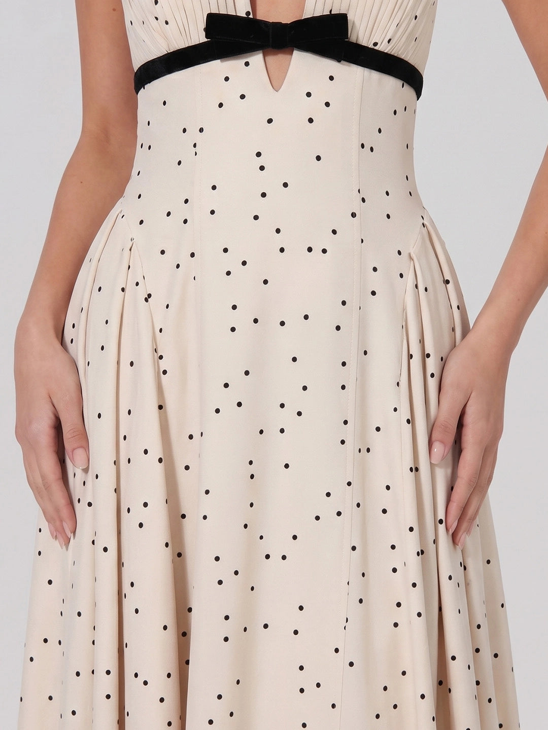 Polka Dot Halter Maxi Dress With Velvet Bow Detail