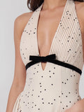 Polka Dot Halter Maxi Dress With Velvet Bow Detail